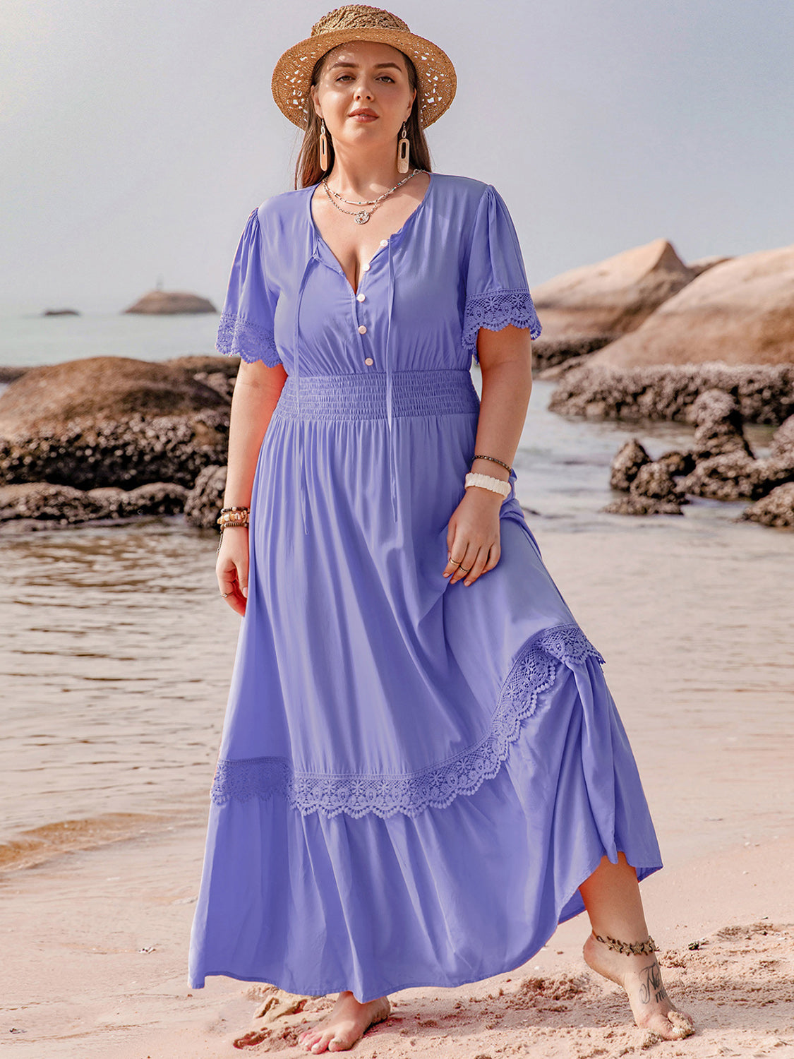 H.R.Z. Women's Plus Size Maxi Lace Detail Dress with Tie Neck & Short Sleeve