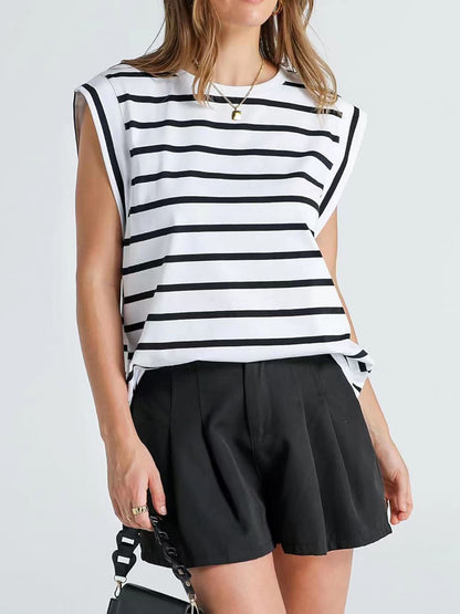 Striped Round Neck Cap Sleeve Sweater Top