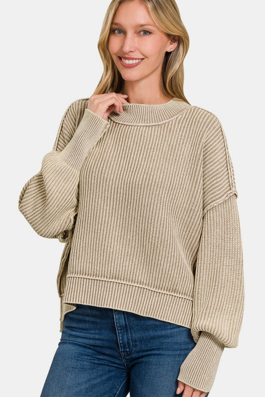 ZENANA Light Mocha Exposed Seam Round Neck Dropped Shoulder Sweater