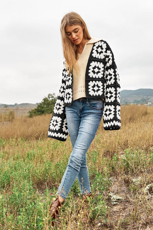 DAVI & DANI Two-Tone Floral Square Crochet Open Knit Cardigan