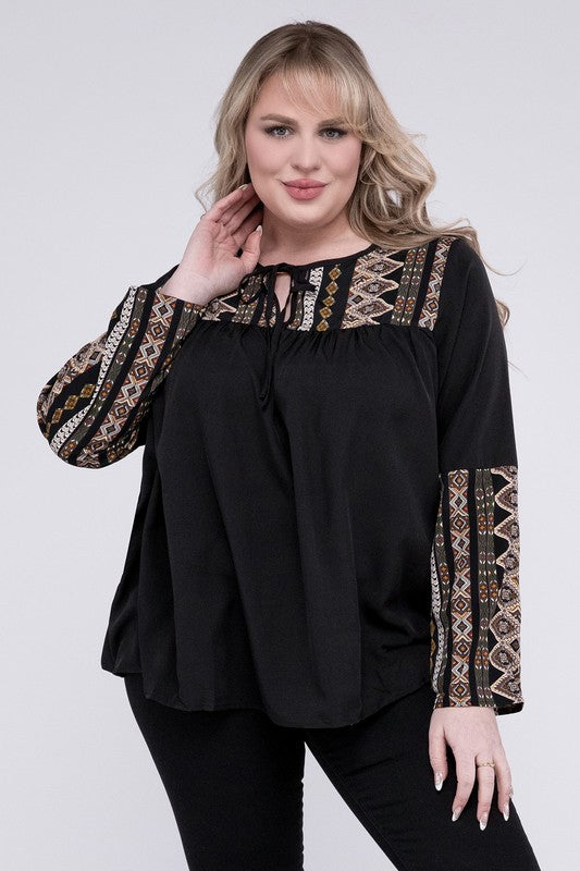 NUVI APPAREL Black Plus-size Tie Neck Patchwork Blouse