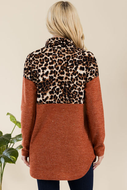 CELESTE Full Size Curved Hem Autunm Leopard Turtleneck Long Sleeve Top in Rust