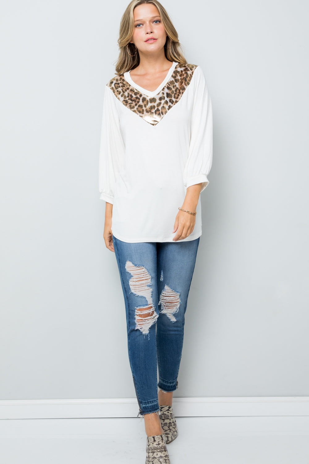 CELESTE Full Size Leopard Contrast Top with Balloon Sleeves