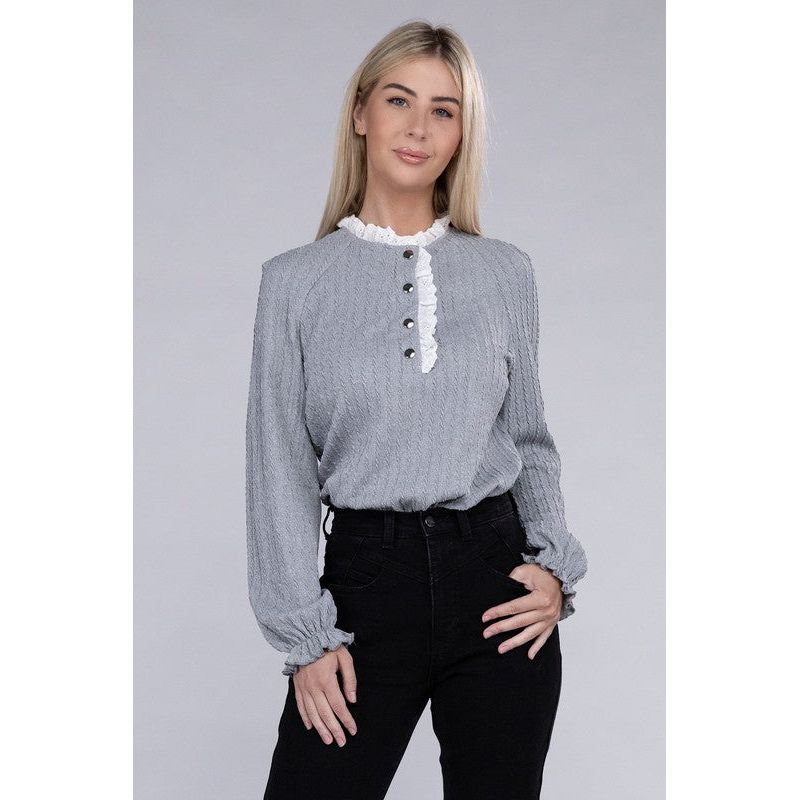 NUVI APPAREL Lace Ruffle Trim Neck Knit Blouse