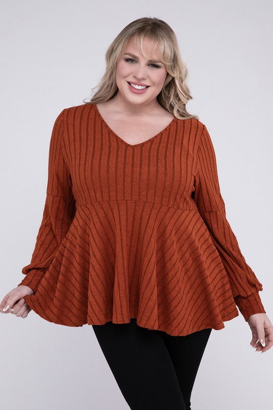 NUVI APPAREL Brown Plus-size Autumn V Neck Sweater with Ruffled Hem