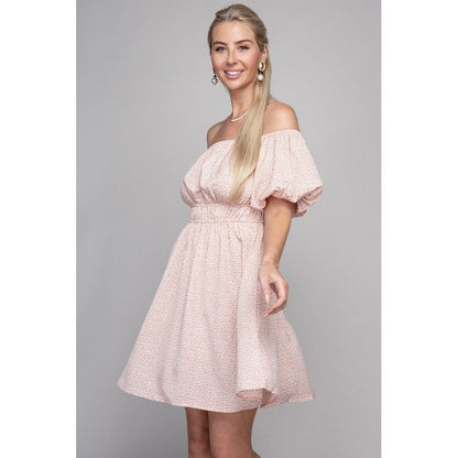 NUVI APPAREL Mini Pink Elegant Off-the-Shoulder Print Dress