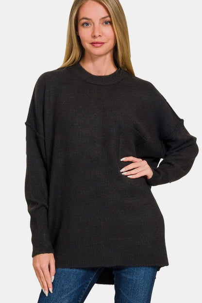 ZENANA Black High-Low Hem Drop Shoulder Sweater