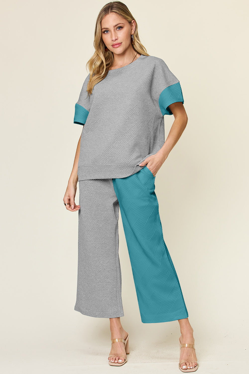 DOUBLE TAKE Full Size Texture Contrast T-Shirt and Wide Leg Pants Set