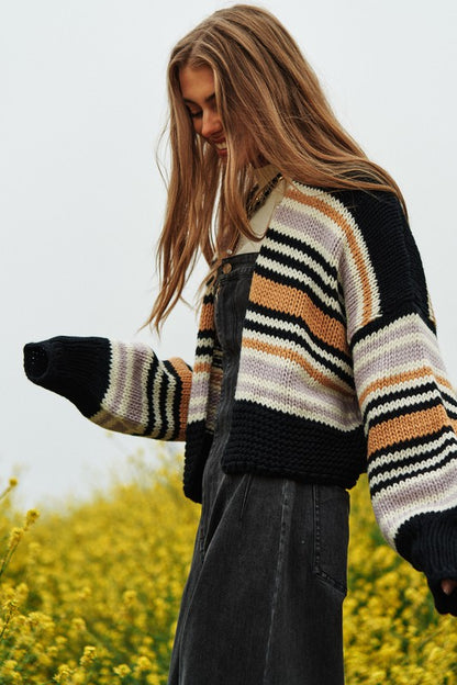 DAVI & DANI Chunky Knit Multi-Striped Open Sweater Cardigan