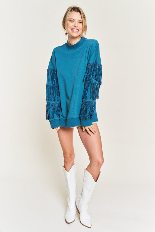 JADE by JANE Silver Studded Fringe Sleeve Sweater Top - JJT5009