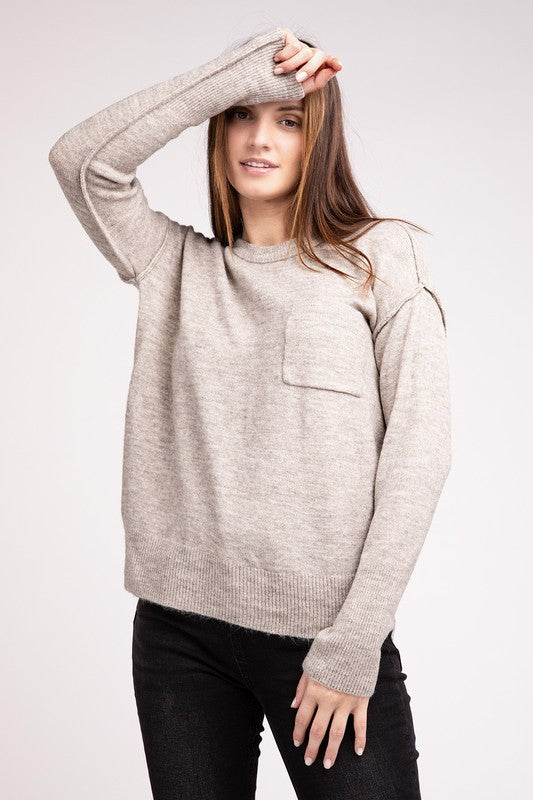 ZENANA Melange Hi-Low hem Round Neck Sweater