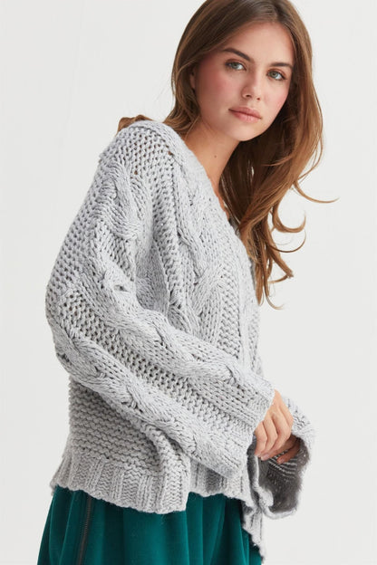 HYFVE Gray Cable Knit V-Neck Sweater