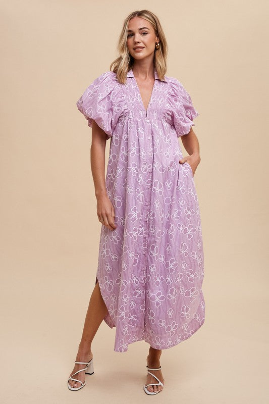 Annie Wear Women's Light Purple Floral Smock Detail Puff Sleeve Dress