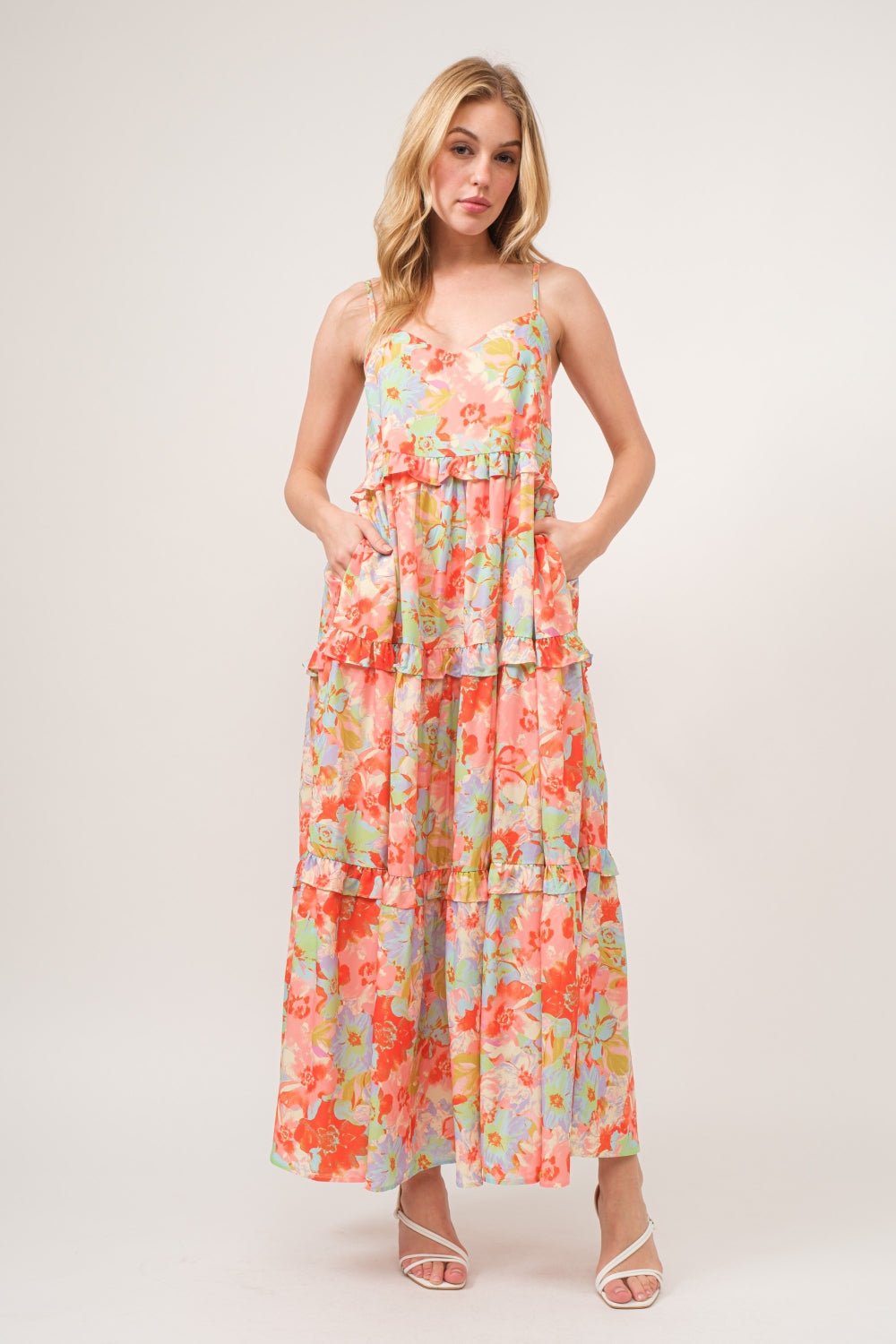 AND THE WHY Floral Ruffled Tiered Maxi Cami Dress