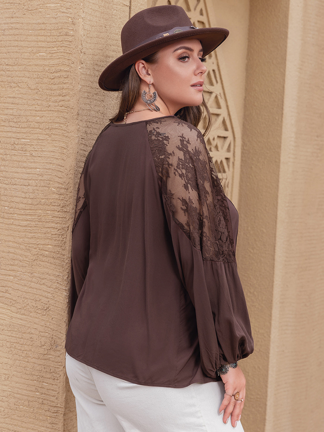 H.R.Z. Brown Plus Size Laced Tie Neck Long Sleeve Blouse