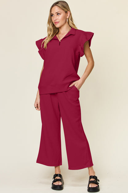 DOUBLE TAKE Texture Ruffle Short Sleeve Top and Drawstring Wide Leg Pants Set