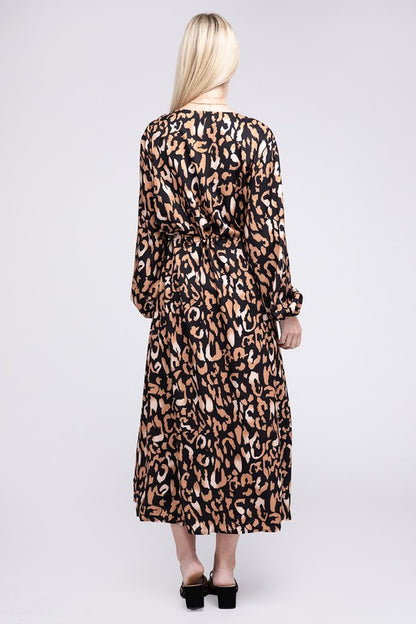 NUVI APPAREL Leopard print Wrap V Neck High Waist Midi Dress