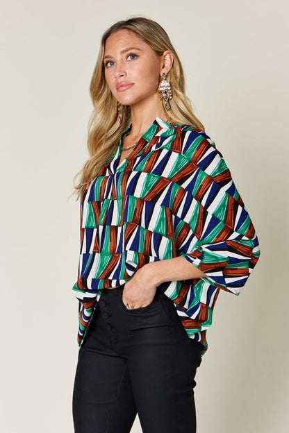 DOUBLE TAKE Full Size Geometric Notched Raglan Sleeve Blouse