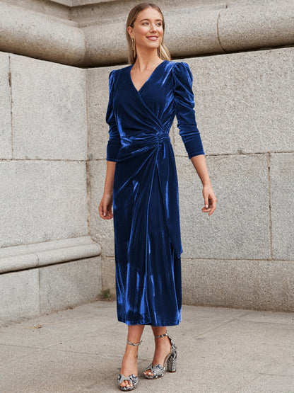 MDML Surplice Puff Sleeve Midi Velvet Dress