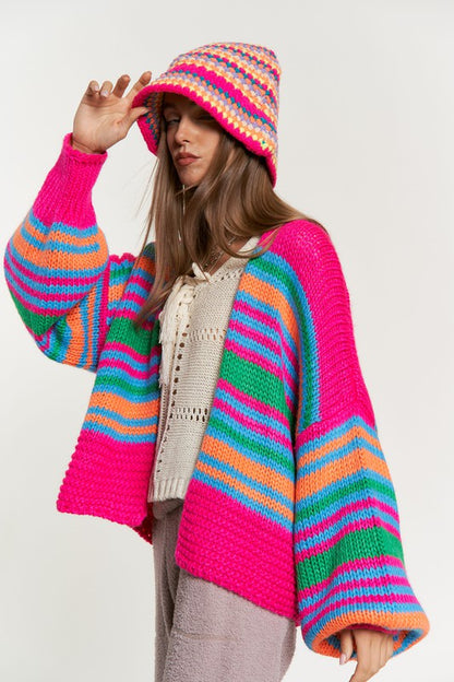 DAVI & DANI Chunky Knit Multi-Striped Open Sweater Cardigan