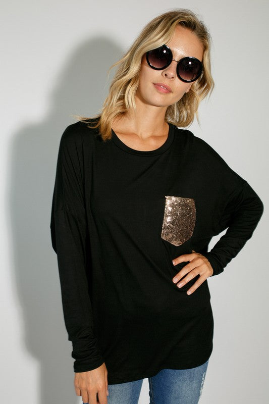 E LUNA Dolman Long Sleeves Top with Sequined Pocket