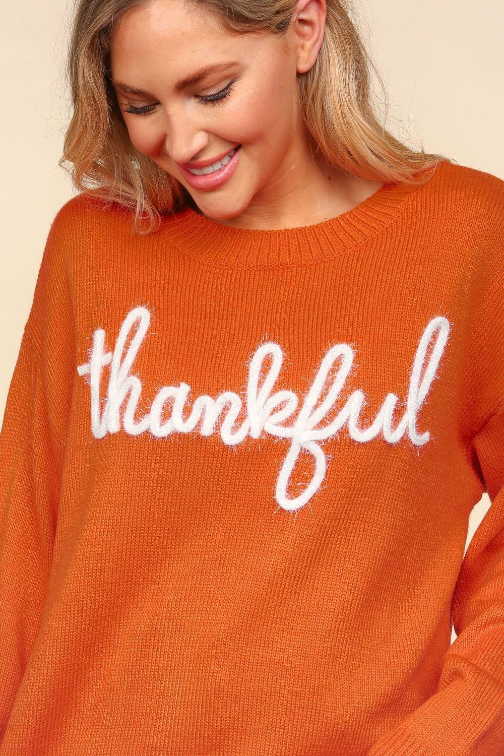 HAPTICS Full Size Orange-red "Thankful" Graphic Sweater written in Metallic Glitter Embroidery Sweater