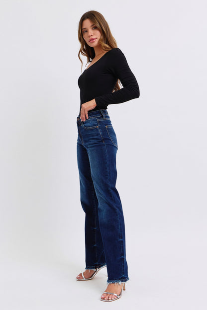 JUDY BLUE Full Size Raw Hem Straight Leg Jeans