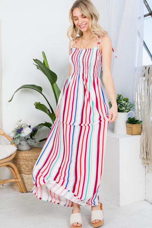 E LUNA Stripe Smocked Maxi Tank Dress