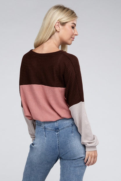 Mauve Pink Color Block Waffle Knit Sweater