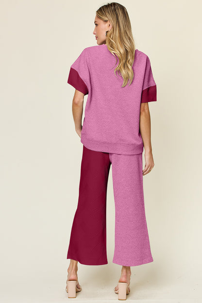 DOUBLE TAKE Full Size Texture Contrast T-Shirt and Wide Leg Pants Set