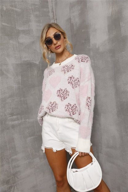 ANGEL WIGS Blush Pink Heart Pattern Round Neck Long Sleeve Sweater