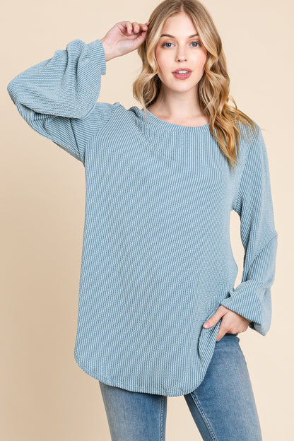 BOMBOM Long Sleeve Curved Hem Ribbed Top