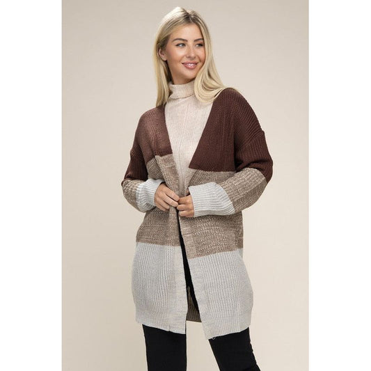 NUVI APPAREL Color Block Open Front  Cardigan