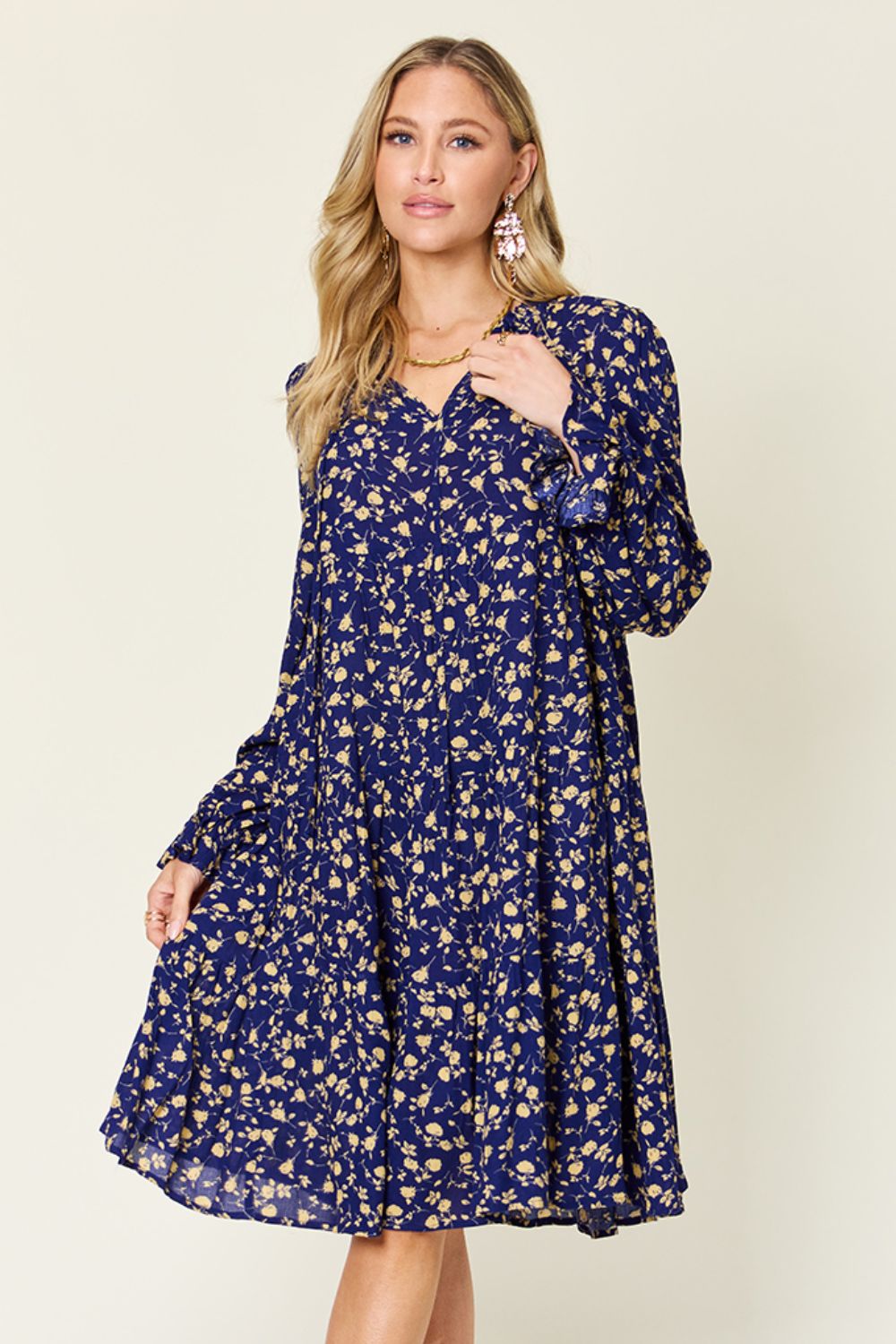 DOUBLE TAKE Full Size Printed Ruffle Hem Long Sleeve Dress