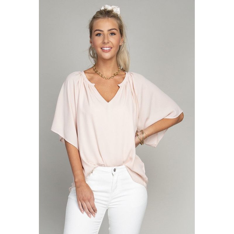 NUVI APPAREL Solid Notched Neck Casual Top