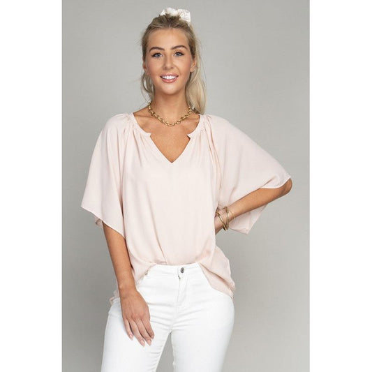 NUVI APPAREL Solid Notched Neck Casual Top