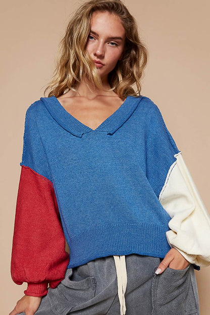 POL Women's Royal Blue Sweater with Exposed Seam Contrast V-Neck Lantern Sleeve