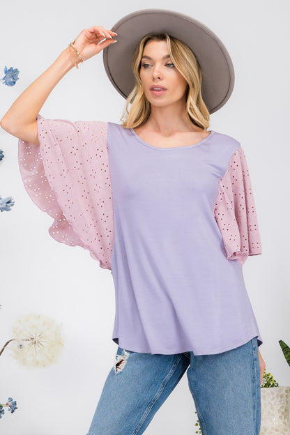 CELESTE Full Size Contrast Eyelet Ruffle Sleeve Blouse