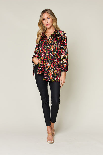 DOUBLE TAKE Full Size Printed Tied Neck Long Sleeve Blouse