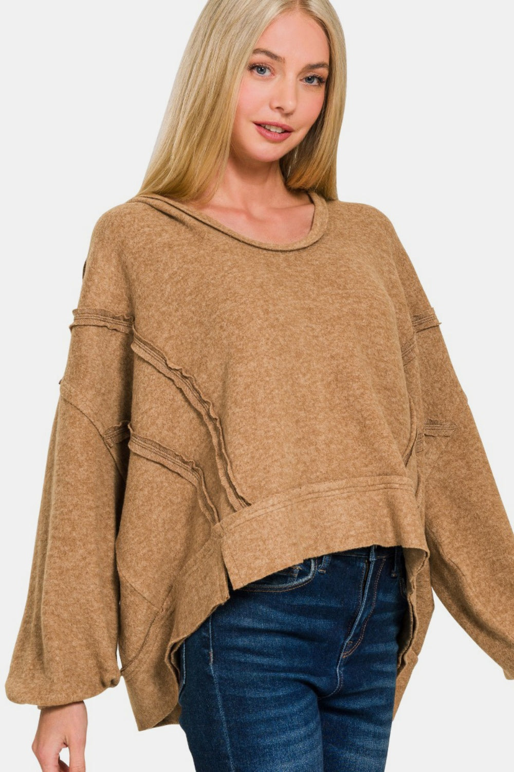 ZENANA Deep Camel Brushed Hacci Exposed Seam Hoodie