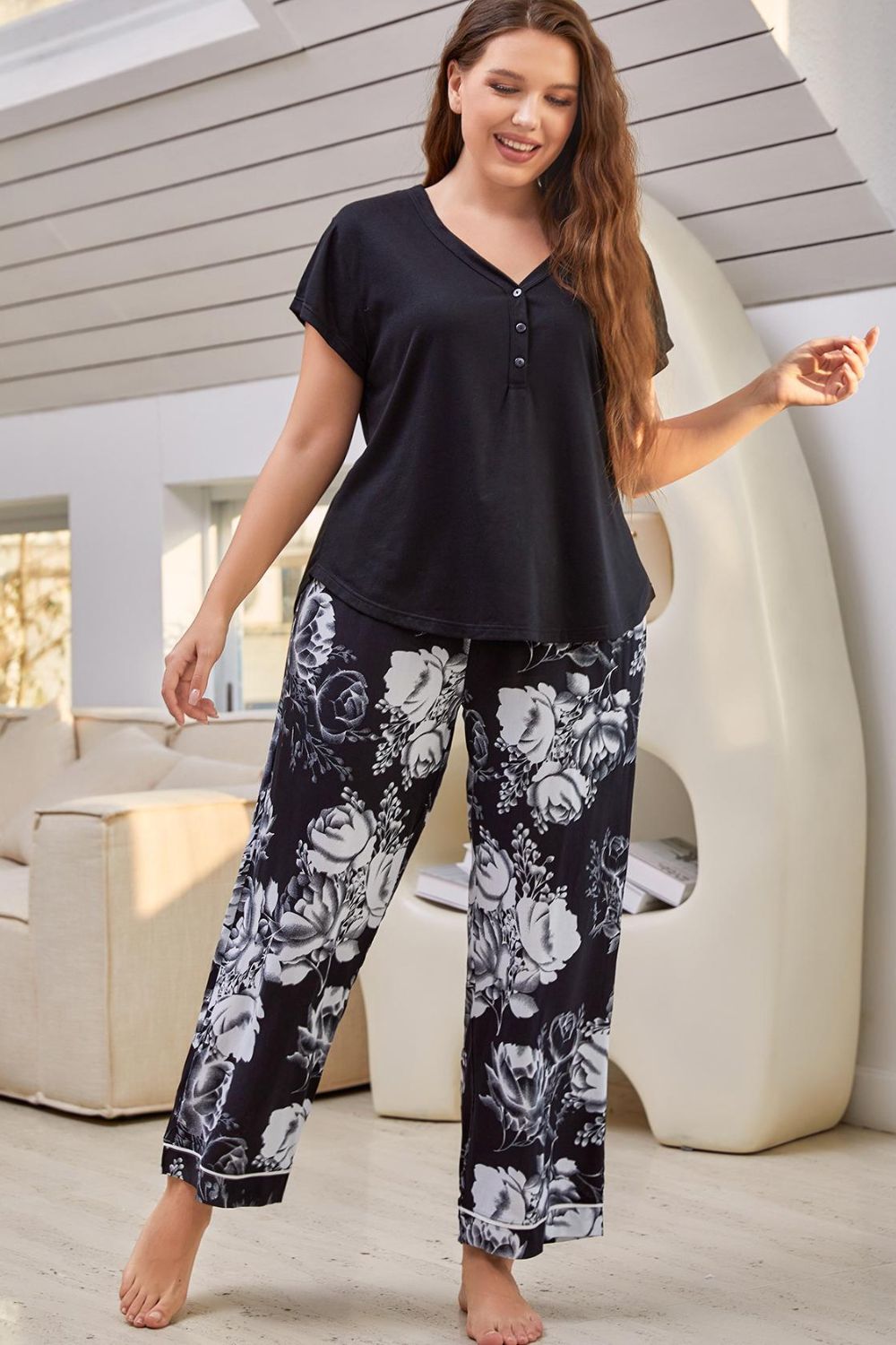 H.2.J. Full Size V-Neck Top and Floral Pants Lounge Set