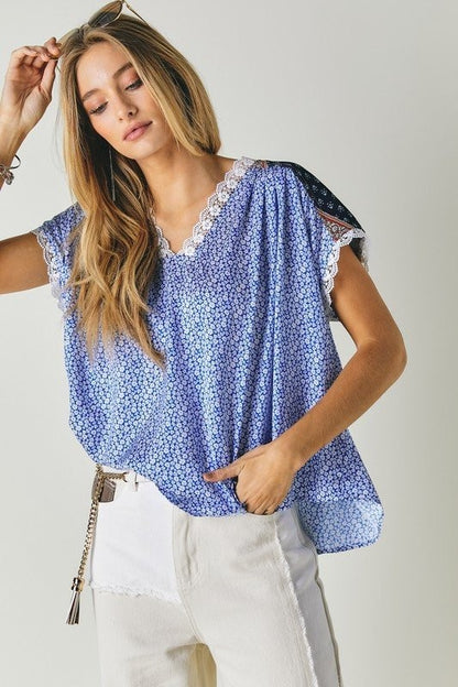 DAVI & DANI Printed Lace V-Neck Short Sleeve Loose Top