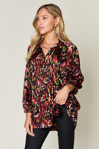 DOUBLE TAKE Full Size Printed Tied Neck Long Sleeve Blouse