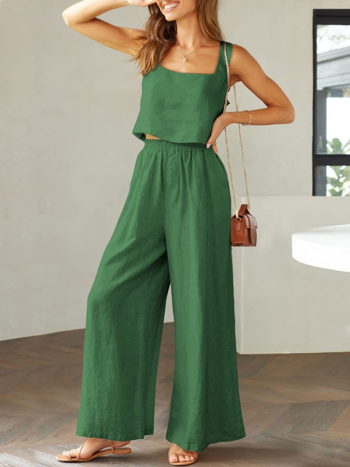 Stylish 2 Piece Square Neck Top and Wide Leg Pants Set