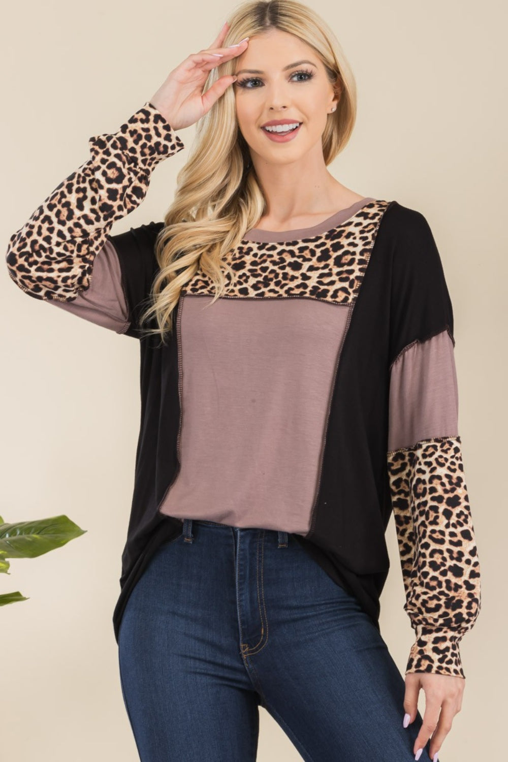 CELESTE Full Size Leopard Color Block Exposed Seam T-Shirt