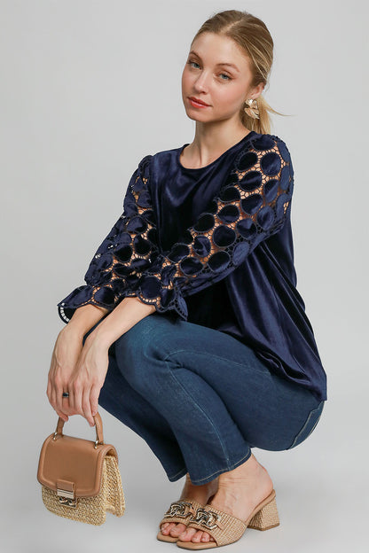 Umgee Women's Navy Polka Dot Lace Long Sleeve Round Neck Blouse