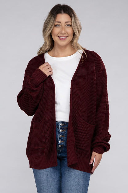 ZENANA Plus Low Gauge Waffle Open Cardigan Sweater