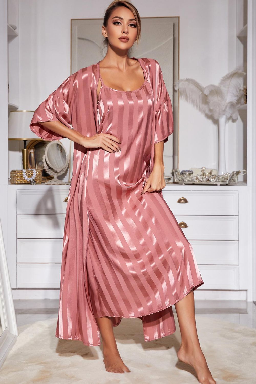 H2J Striped Flounce Sleeve Open Front Robe and Cami Pajama Dress Set