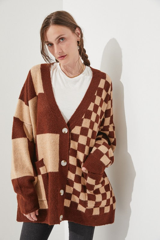 JADE by JANE Mocha/Beige Checkered Oversized Sweater