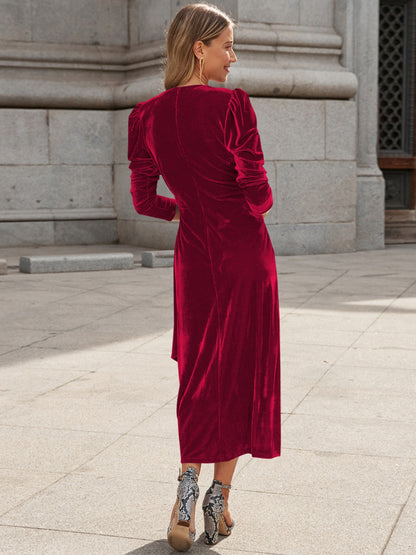 MDML Surplice Puff Sleeve Midi Velvet Dress